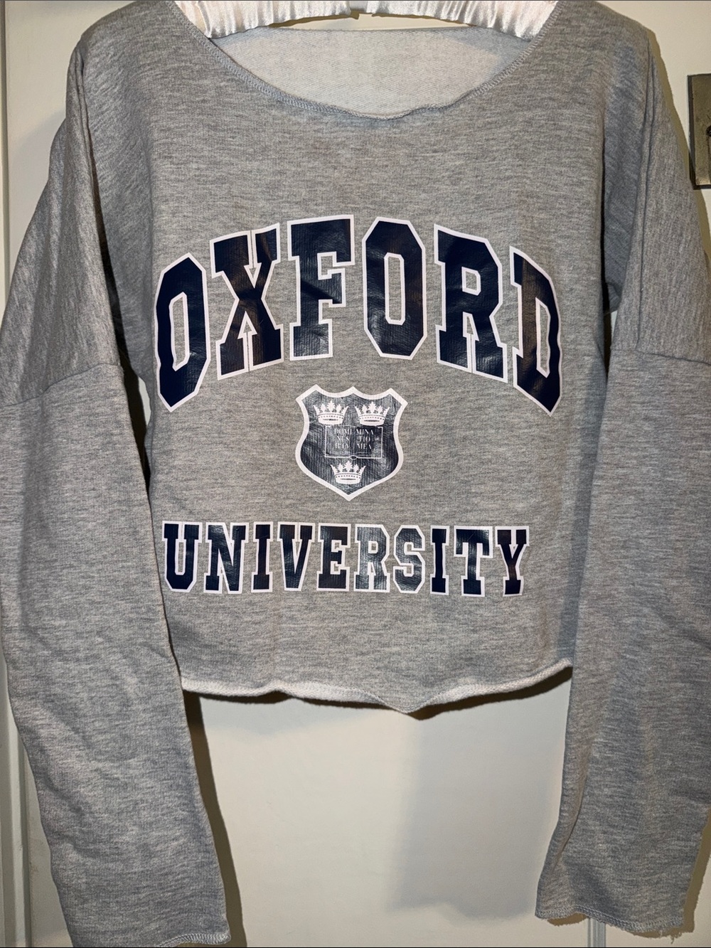 Cropped Sweatshirt: Oxford University Imprint, Scoop Neckline, Long Sleeves